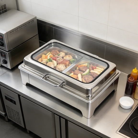 FOGGBET 9L Rectangular Double Pan Electric Chafing Dish 110V 400W Adjustable Temp Buffet Food Warmer for Party Hotel Catering