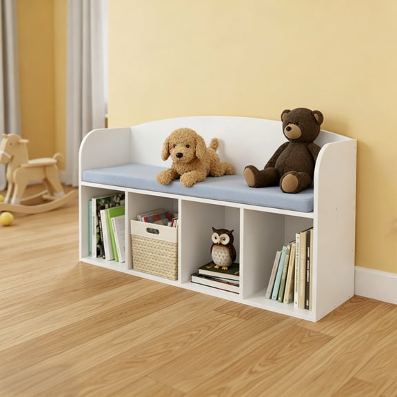 FOGGBET Bookshelf with Reading Nook and Book Shelf Storage Organizer Bookcase Storage Bench with Detachable Cushions Book Rack for Bedroom Playroom White