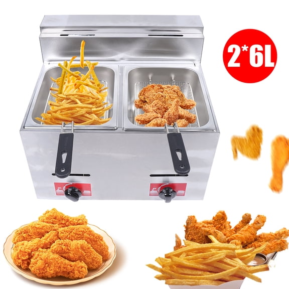 FOGGBET Commercial Countertop Gas Fryer with Baskets, 2 * 6L Deep Fryer Pot Stainless Steel Kitchen Oil Fryer,Lpg Fryer Fast Heating Fryer Set for Restaurant Home Kitchen(2 Baskets)
