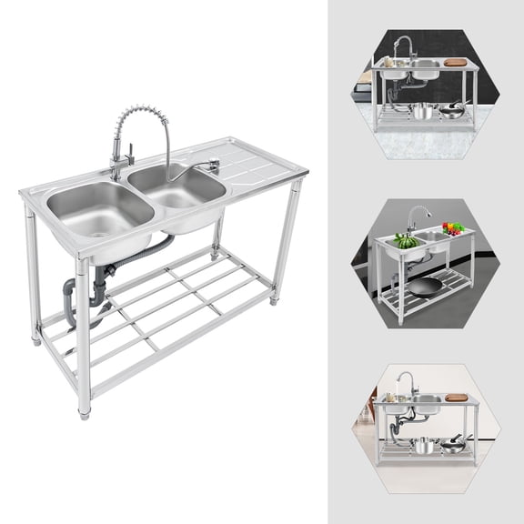 FOGGBET Commercial Sink 2 Compartment Stainless Steel Kitchen Prep Work Table,with 360 Pull Down Faucet, 6.69 Inch Deep Bowls,220.46lbs Capacity 47.24*19.69*31.5in Use in Kitchens, Bars, Restaurants