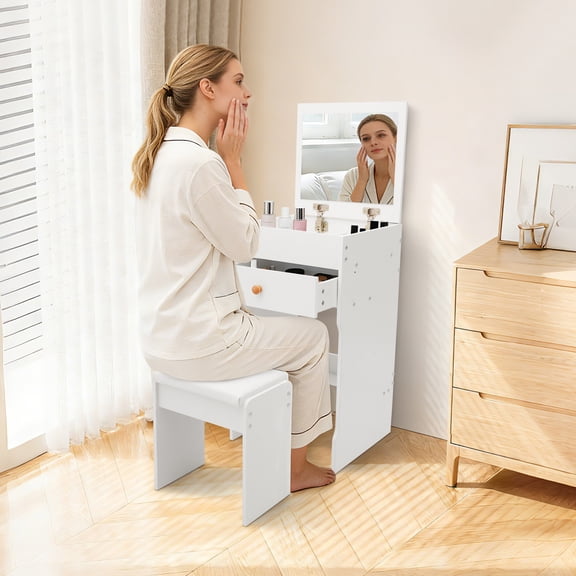 FOGGBET Compact 3-in-1 Flip Top Dressing Table Makeup Desk with Mirror Drawer & Cushioned Stool Space-Saving Design for Small Rooms (White)