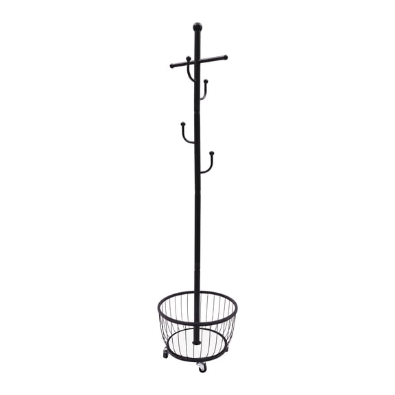 FOGGBET Freestanding Home Coat Rack, Entryway Coat Hanger Stand with Storage Basket, Coat Tree Standing Coat Rack with 6 Hooks and Wheels for Hallways, Bedrooms, Entryways (Black)
