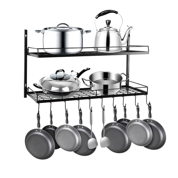 FOGGBET Hanging Pot Rack, 2 Tiers Large Capacity Pots and Pans Organizer with 10 Hooks, Mounted Hanging Rack for Kitchen Storage and Organization Black