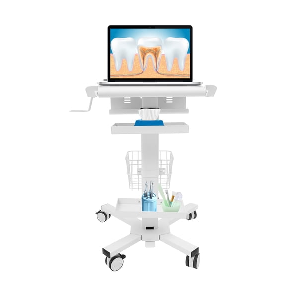 FOGGBET Height Adjustable Medical Cart, Pneumatic Lift Rolling Utility Trolley with Brake Wheels, Storage Trays & Anti-Theft Rack for Hospital Clinic Dental Salon Office White
