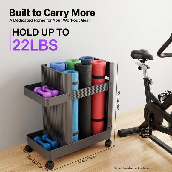 FOGGBET Home Gym Storage Rack Multifunctional Storage Rack on Wheels Yoga Mat Rack Home Gym Organizer ABS Workout Equipment Cart Gym Organization for Home Gray