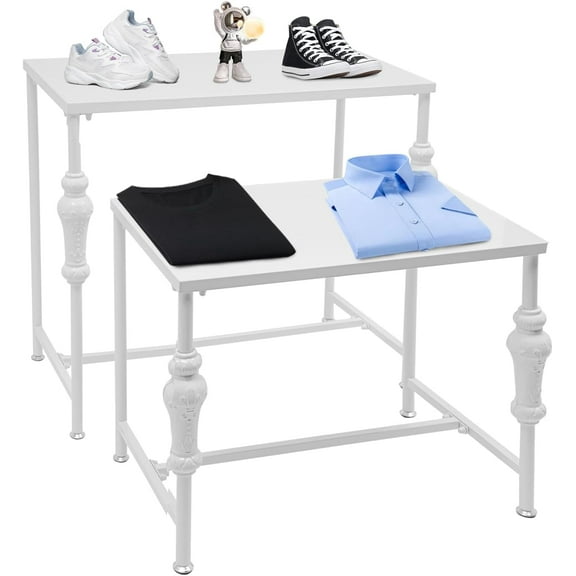 FOGGBET Industrial Metal Retail Display Tables with 2 Display Racks Standing Clothing Shoes Display Rack for Retail Stores & Vendors Retro Unit Storage Shelves for Food & Merchandise