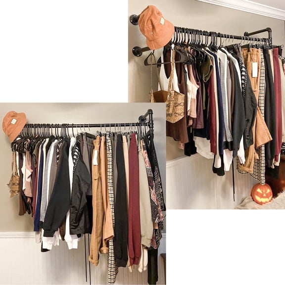 FOGGBET Industrial Pipe Wall Mounted Clothes Rack Heavy Duty Wrought Iron Coat Rack, 143 lbs Load Capacity, Black Powder Coat, Rustproof, for Bathroom Bedroom Laundry Entryway, 39.4" Long