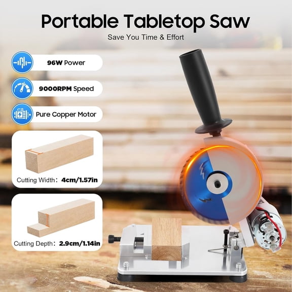 FOGGBET Mini Table Saw, 96W 9000RPM 4 Inch Portable Tabletop Saw, 0-45 Adjustable Mini Miter Saw with 2 Blades, Compact DIY Craft Cutting Machine for Wood, Acrylic, Plastic, PCB