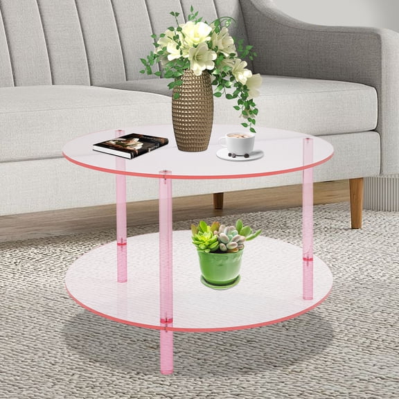FOGGBET Modern Round Pink Acrylic Coffee Table, Modern Coffee Table, 2-tier Coffee Table