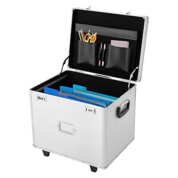 FOGGBET Portable File Storage Box with Handle Rolling File Locking Cart with Wheels Metal Letter File Organizer Box Black Mobile Office File Case Combination Lock Cabinet 19.21516" (Silver)