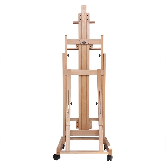 FOGGBET Portable H-Frame Easel Four-Corner Support Frame 56" to 91" Adjustable Height with 4 Lockable Wheels,Beech Wood Solid Large Artist Easel Wood Painting Art Easel