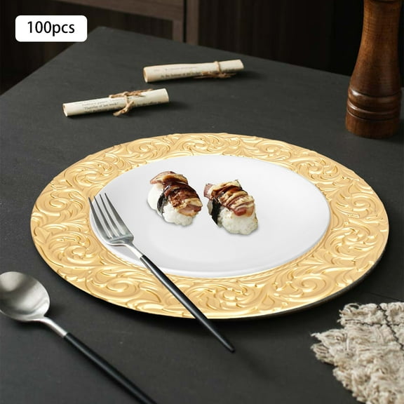 FOGGBET Serving Charger Plates, 100 Pack Charger Plate, Gold Dessert Plates, Embossed Pattern, PP Plastic, Stackable, for Banquet, Wedding, Holiday Table Setting