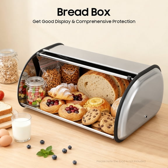 FOGGBET Stainless Steel Bread Box 17" Roll Top Bread Bin Large Capacity Loaf Bread Storage Container for Kitchen Countertop Homemade Bread Pastries Pancake