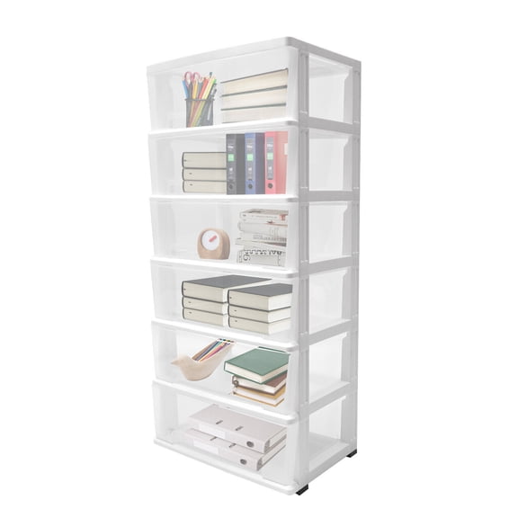 FOGGBET Storage Drawer Units,White+Clear PP,6-Tier Rolling Storage Cart with Lockable Drawers&Wheels, Mobile File Organizer 17*12.6*5.9 Inches for Office,Bedroom,Living Room,A4 Paper Storage Cabinet