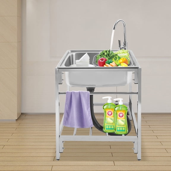 FOGGBET Utility Sink Free Standing Single Bowl Kitchen Bathroom Sink With Faucet + Stand