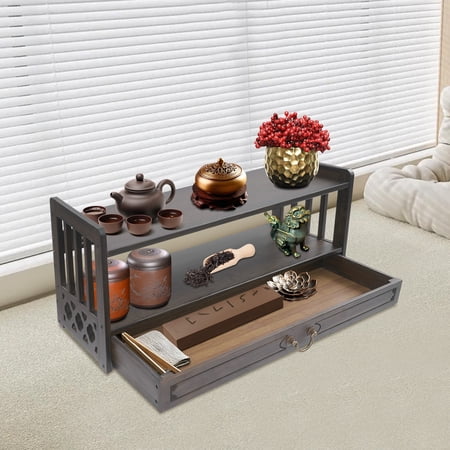 FOGGBET Vintage Bamboo Console Table, Chinese Style Altar Table with Drawer for Meditation & Home Decor