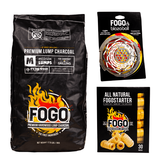 FOGO Premium Hardwood Natural Medium Sized Lump Charcoal 17.6 Pound Bag, Fogostarters Natural Fire Starters and Blazaball Bundle