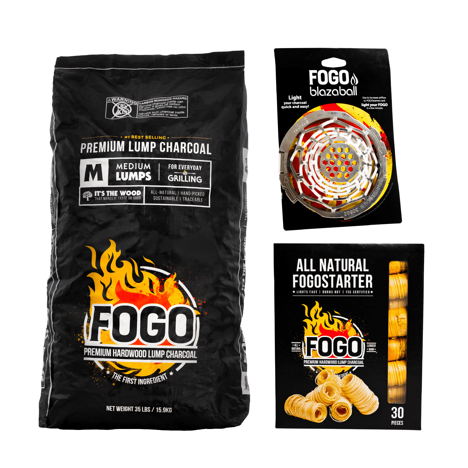 FOGO Premium Hardwood Natural Medium Sized Lump Charcoal 35 Pound Bag, Fogostarters Natural Fire Starters and Blazaball Bundle