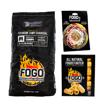 FOGO Premium Hardwood Natural Medium Sized Lump Charcoal 35 Pound Bag, Fogostarters Natural Fire Starters and Blazaball Bundle