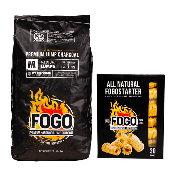 FOGO Premium Hardwood Lump Charcoal, Natural Medium Sized Lump Charcoal 17.6 Pound Bag and FOGO Fogostarters Natural Fire Starters, 30 Count Box, Bundle