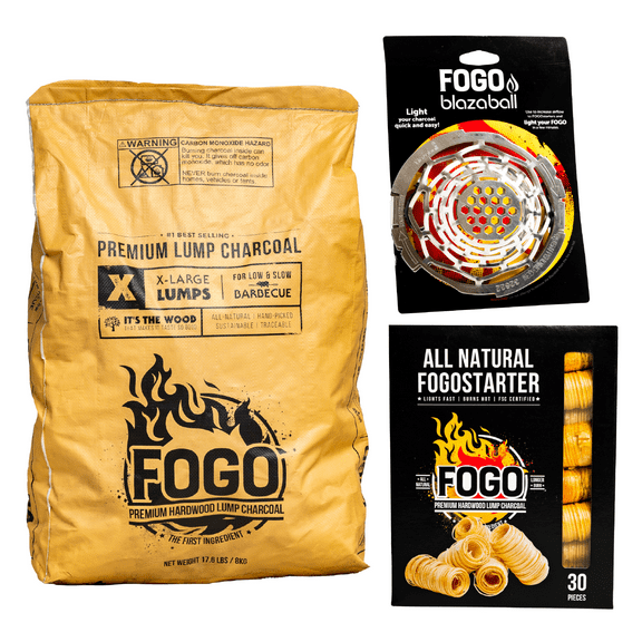 FOGO Premium Hardwood Natural Large Sized Lump Charcoal 17.6 Pound Bag, Fogostarters Natural Fire Starters and Blazaball Bundle