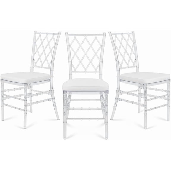 FOH 3 Pack Stackable Clear Acrylic Chiavari Chairs with Cushion, Cross Back Ghost Chair for Dining Room, Kitchen, Wedding, Event Reception.