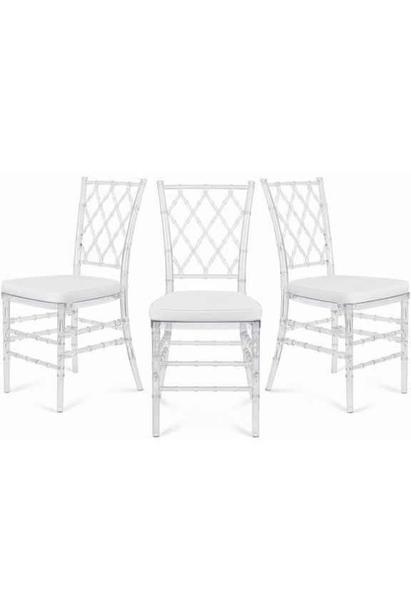 3 Pack Stackable Clear Acrylic Chiavari Chairs with Cushion, Cross Back Ghost Chair for Dining Room, Kitchen, Wedding, Event Reception.