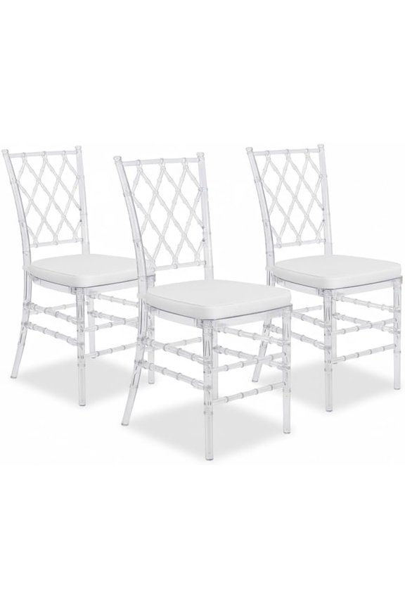 FOH Set of 3 Acrylic Grid Clear Dining Chairs, Transparent Lucite Side Chairs for Dining Room, Kitchen, Wedding, Event Reception – No Assembly Required