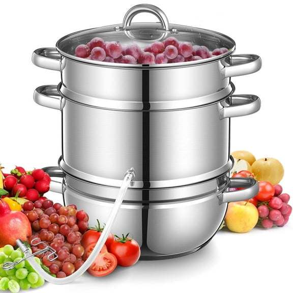 FOHERE 11Qt Steam Juicer Extractor for Canning with Glass Lid, Hose, Clamp for Juice, Jams Silver