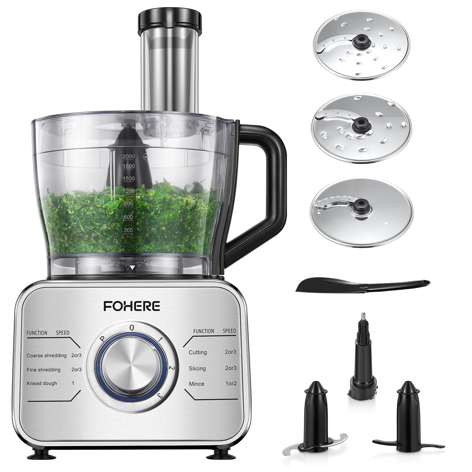 FOHERE 12 Cup Food Processor, Multi-functional Vegetable Cutter, 3 Speeds 6  Main Functions with Chopper Blade, Dough Blade, Shredder, Slicing