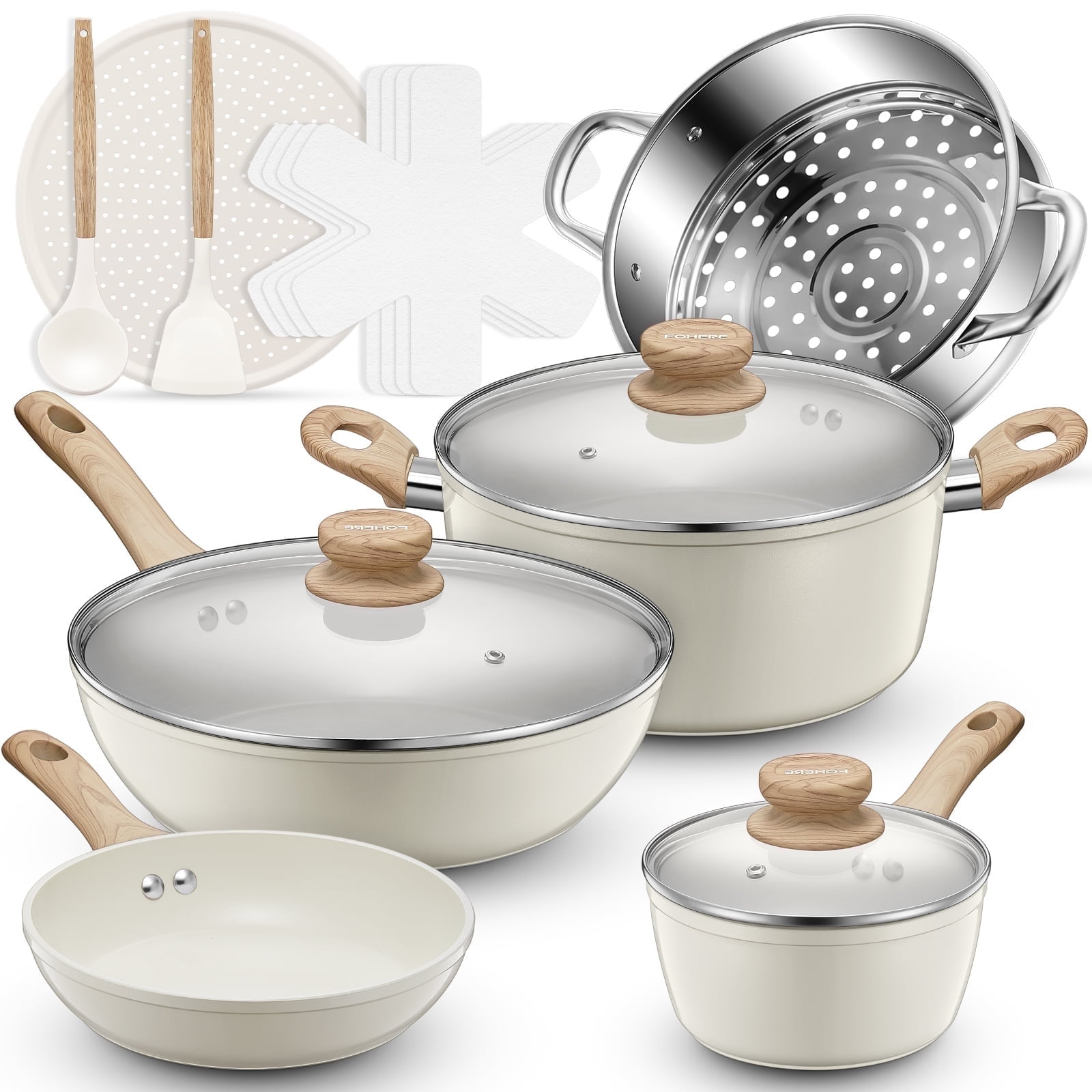 FOHERE 15 PCS Pots and Pans Set, Non-stick Ceramic Cookware Sets, Kitchen Induction Cooking Set