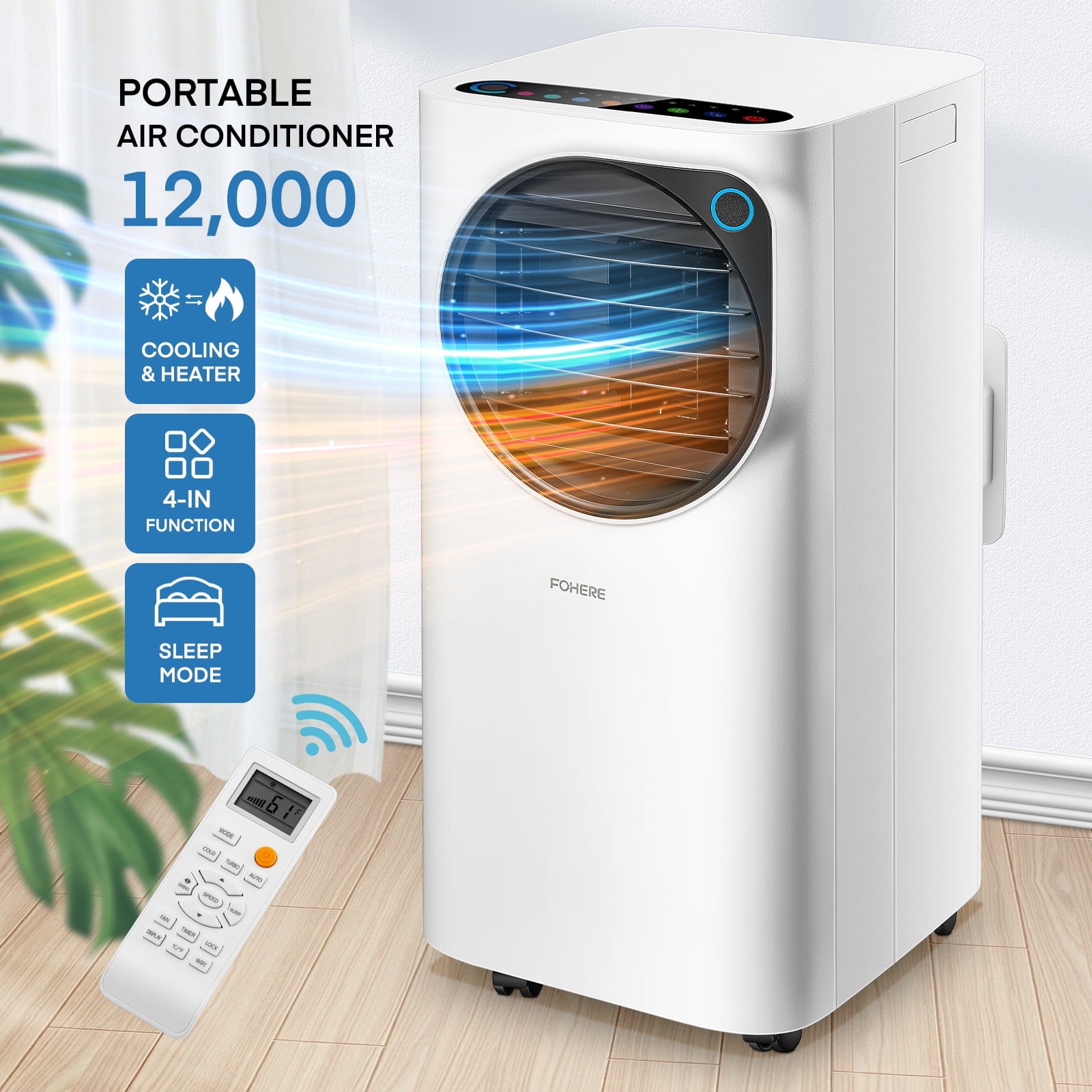 FOHERE 12000 BTU Portable Air Conditioner, Cooling and Heating for