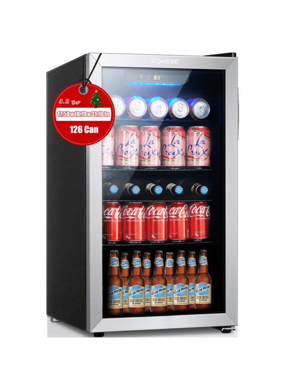 FOHERE 126 Can Beverage Refrigerator Cooler, 3.2 Cu.ft Mini Fridge, Wine Chiller for Bar/Office/Home, New, Reversible Door, 17.5 x 18.9 x 31.5 inches