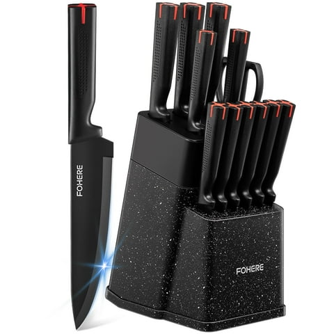FOHERE 13 Pieces Knife Set with Block, Stainless Steel Knive Sets for Kitchen with Built-in Sharpener Sharp Granite Kitchen Knife Block Set with Anti-slip Handle Rust Resistant, Black