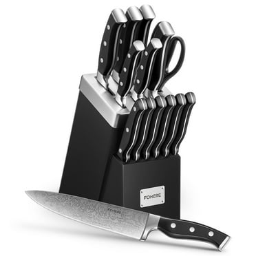 FOHERE 14 Pcs Knife Set with Self-sharpening , Waved Texture Stainless Steel Kitchen Knives, Black