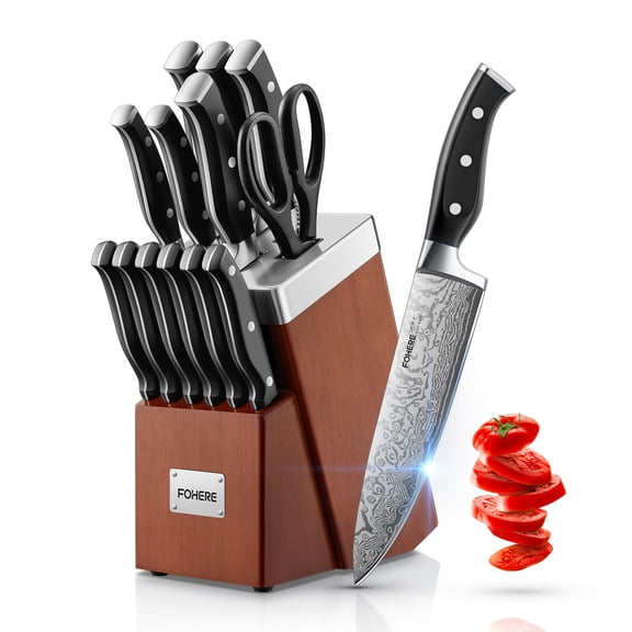 FOHERE 14 Pcs Knife Set with Self-sharpening Technology, Waved Texture Kitchen Knives, Stainless Steel