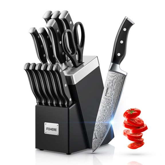 FOHERE 14 Pcs Knife Set with Self-sharpening , Waved Texture Stainless Steel Kitchen Knives, Black