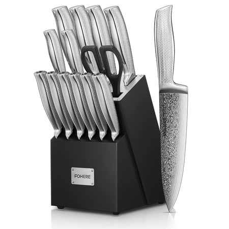 FOHERE 14-Piece Knife Block Set with 5 x Sharpeners, Unique Waved Pattern & Non Slip Stainless Steel Knife Handle