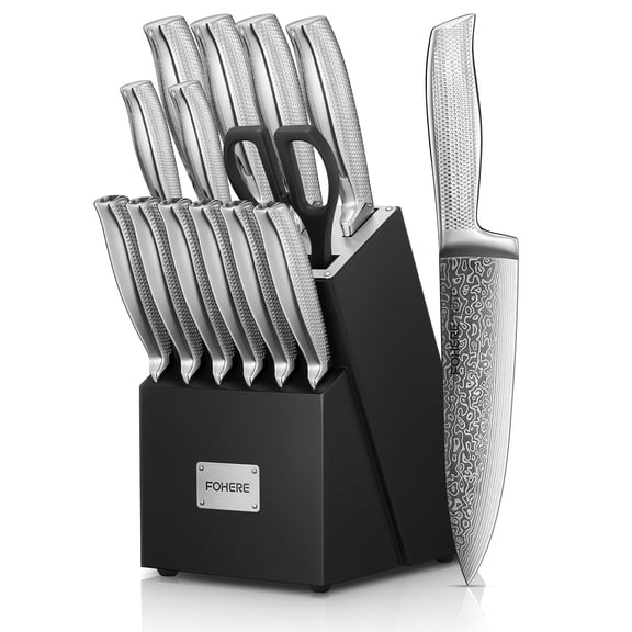 FOHERE 14-Piece Knife Set with Sharpener, Unique Waved Pattern & Non-slip Stainless Steel Handle