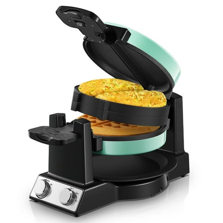 FOHERE 2-in-1 Waffle Maker & Omelette Maker, 1400W 180° Flip Rotating & Nonstick Pans, Blue, New