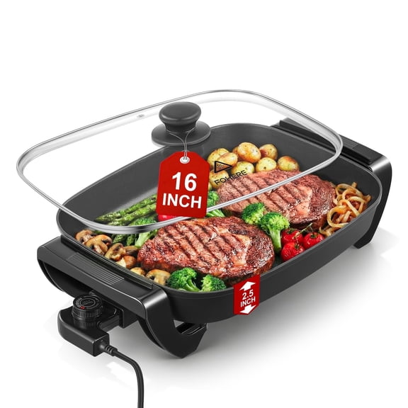 FOHERE 16" Non-Stick Electric Skillet with Temperature Control, Glass Lid, Rapid Heat up, 1500W, Black