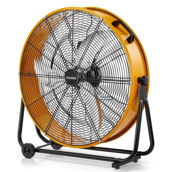 FOHERE 24 Inch High Velocity Industrial Drum Fan, 8100 CFM Heavy Duty Metal Floor Fan with Wheels, 360° Tilt 3-Speed Shop Fan, Portable Barn Fan with Wide Handle for Warehouse, Garage, Factory, Gym