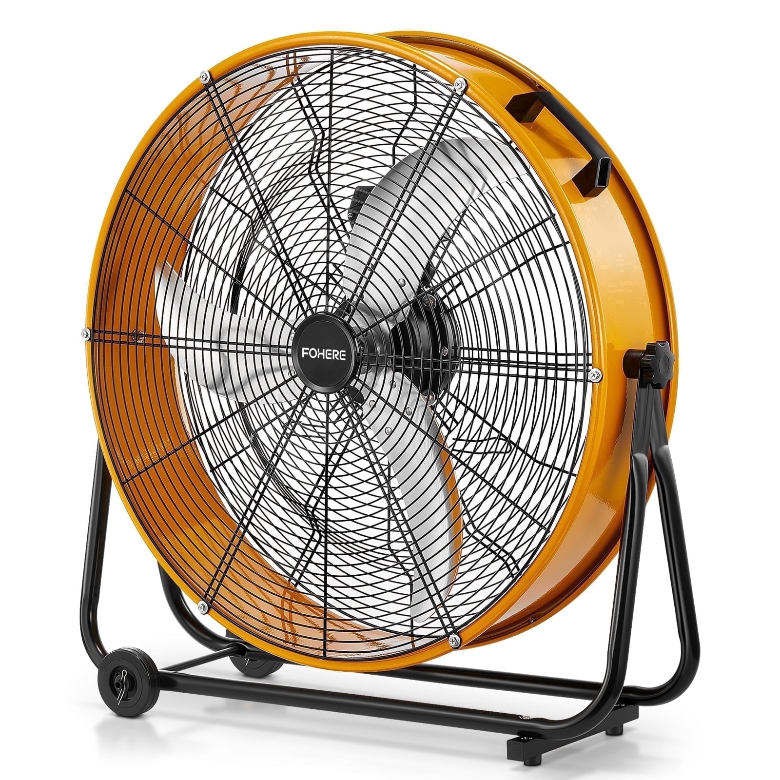 FOHERE 24 Inch High Velocity Industrial Drum Fan, 8500 CFM Heavy Duty Metal Floor Fan with Wheels, 360° Tilt 3-Speed Shop Fan, Portable Barn Fan with Wide Handle for Warehouse, Garage, Factory, Gym
