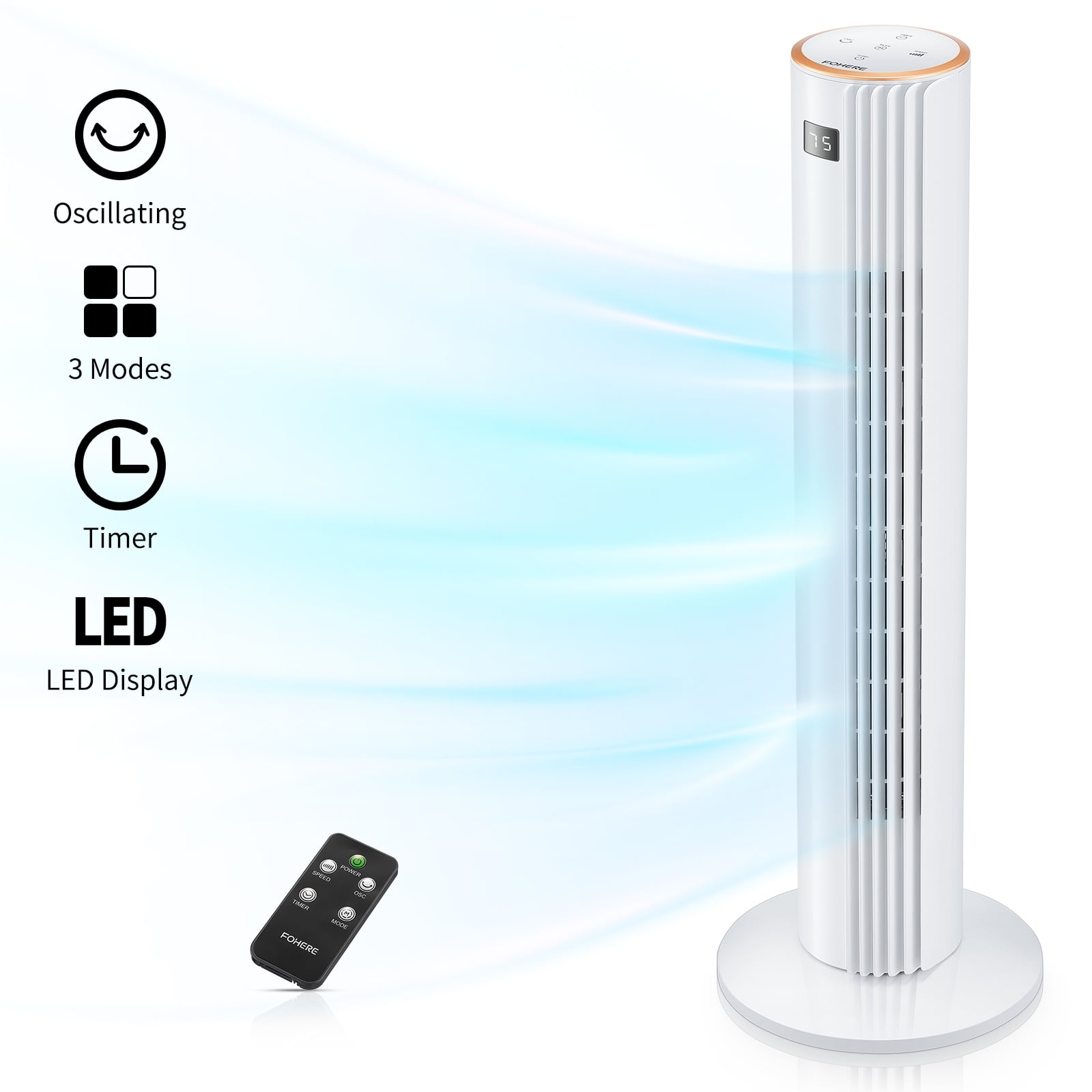 FOHERE Tower Fan for Home, 30'' Oscillating fan with Remote, 3 Speeds, Timer, Quiet Portable Bladeless Stand Fan for Bedroom, Office Use