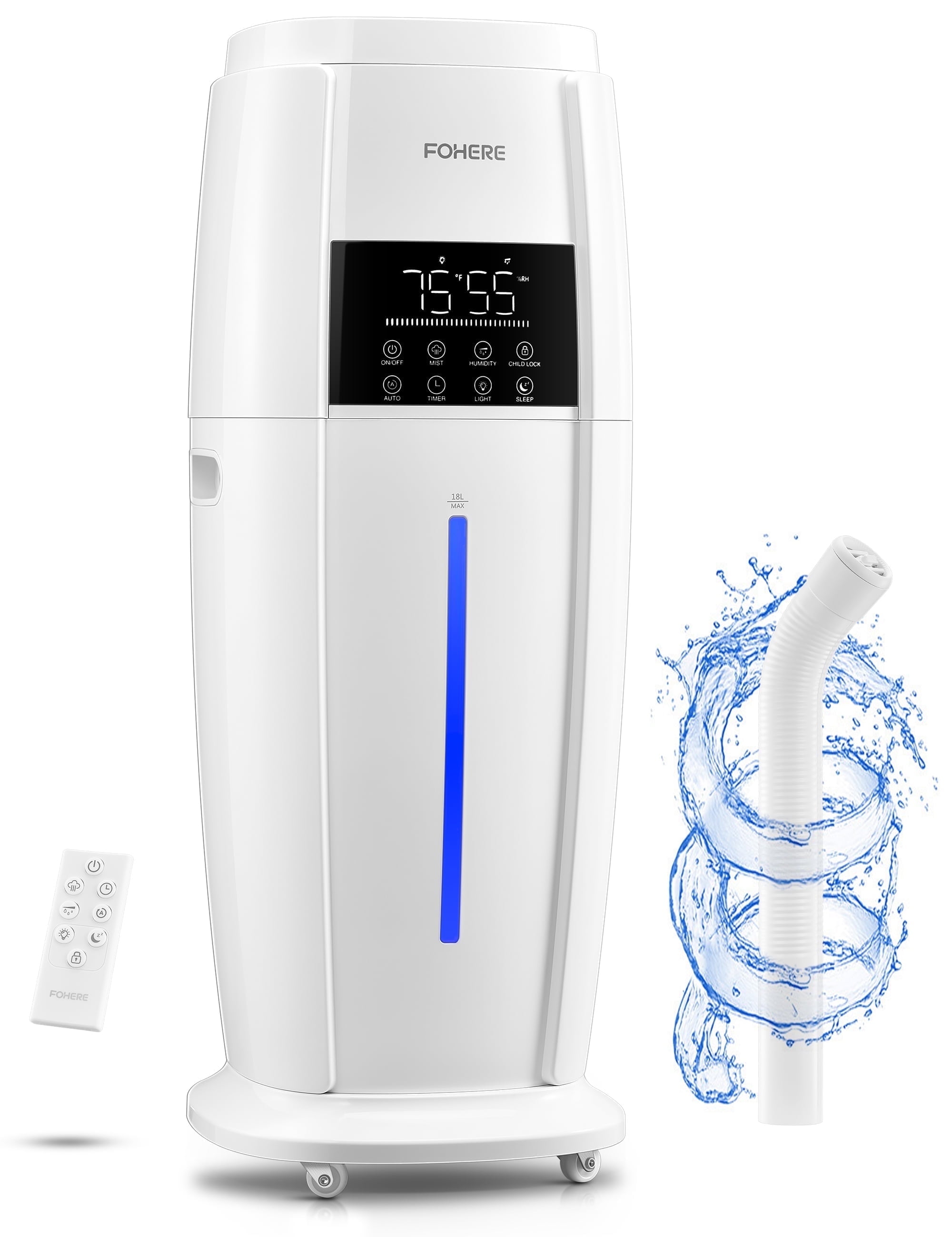 FOHERE 4.8Gal/18L Humidifier Large Room, Easy Top Fill Cool Mist Tower Humidifiers Quiet for Home, Plants, Commercial, Whole House Cover up to 1500ft, with Smart Sensor, Remote, 5 Speeds, White
