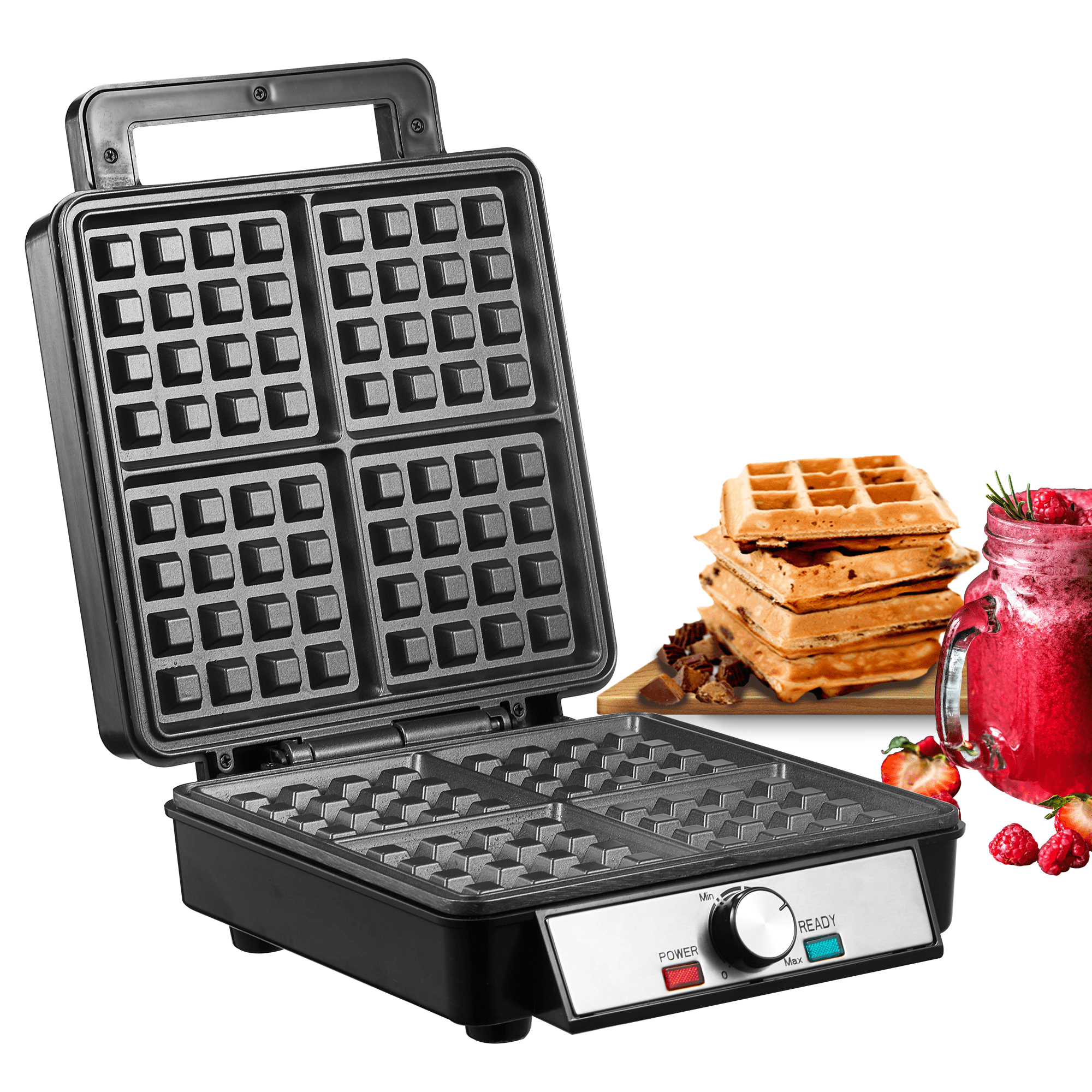 FOHERE 4-Slice Belgian Waffle Maker 1200W, Nonstick Plates, Browning Control, Black, Stainless Steel, New