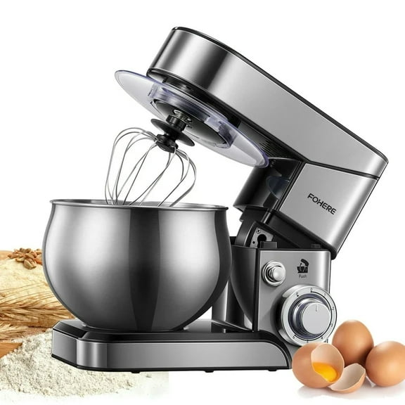 FOHERE 5.8 qt Stand Mixer, Silver with Beater, Hook, Whisk, Stainless Steel Bowl