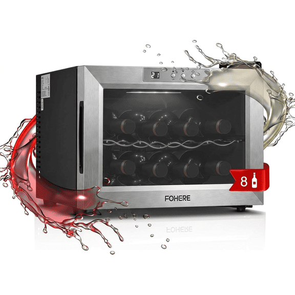 FOHERE 8 Bottles Freestanding Wine Cellar, Wine Fridge with Digital Temperature Control, Silver