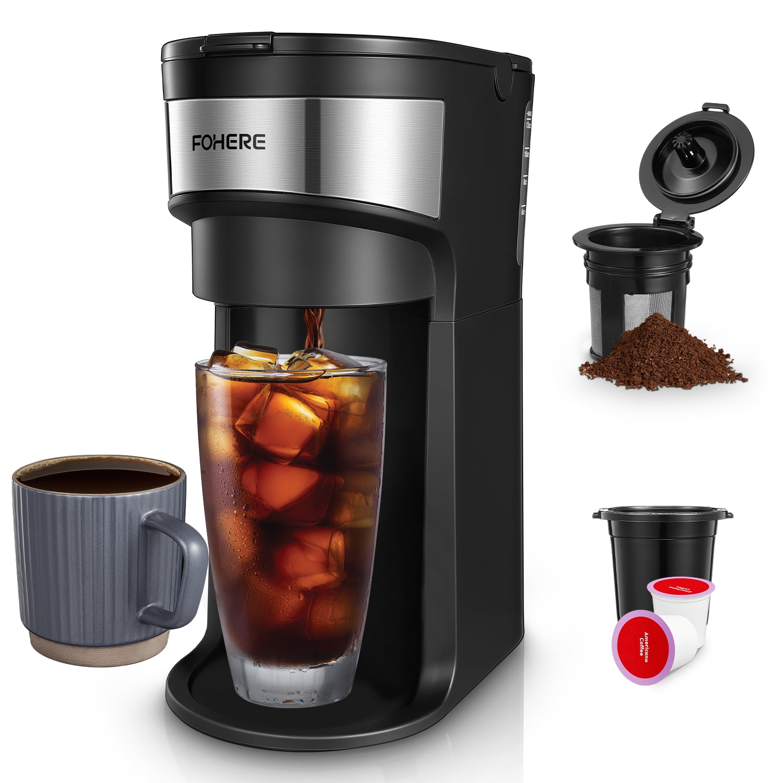 FOHERE Coffee Maker, Single Serve Iced and Hot Coffee Brewer for K Pod