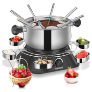 FOHERE Electric Fondue Set with 1500W Power Temperature Control for Cheese,Chocolate,Oil and Broth, 2L Non-Stick Electric Fondue Pot with 8 pcs Forks,6 pcs Cups, Silver